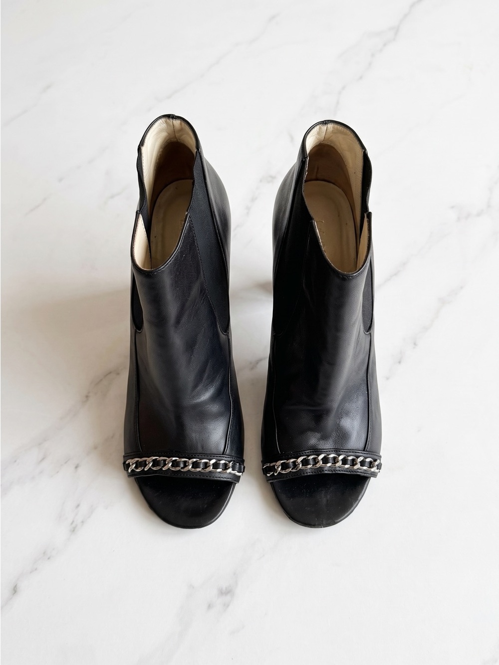 CHANEL Black Lambskin Chain Peep Toe Ankle Booties Block Heel | EU 36, US 6